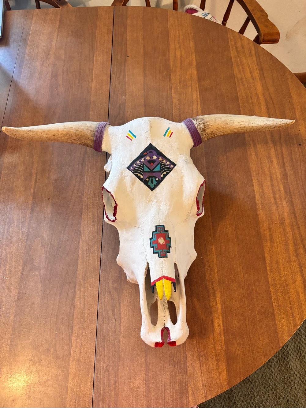 Painted Longhorn Skull Wall Art - White with Colorful Southwestern Accents